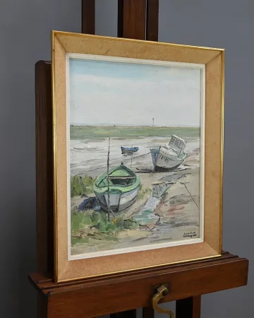 Tableau « Bateaux à Marée Basse » signé J-P. Guinegault – 2ème partie XXe