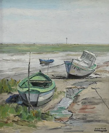 Tableau « Bateaux à Marée Basse » signé J-P. Guinegault – 2ème partie XXe