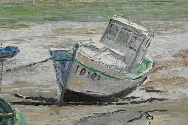 Tableau « Bateaux à Marée Basse » signé J-P. Guinegault – 2ème partie XXe