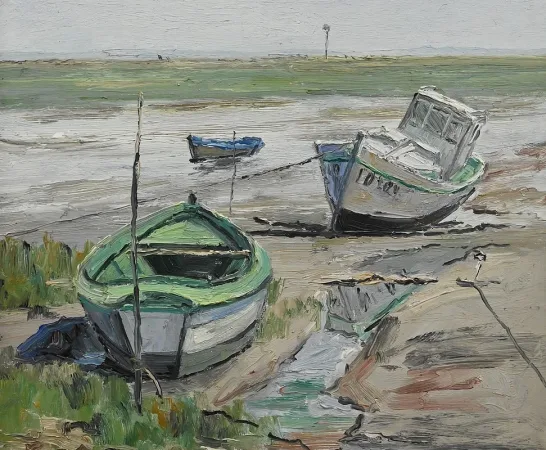 Tableau « Bateaux à Marée Basse » signé J-P. Guinegault – 2ème partie XXe