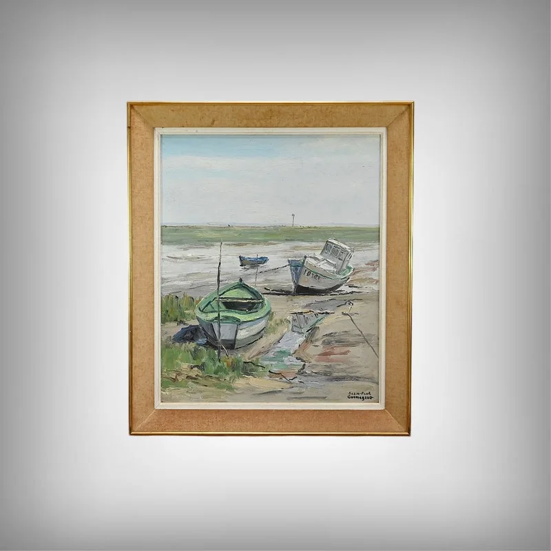 Tableau « Bateaux à Marée Basse » signé J-P. Guinegault – 2ème partie XXe