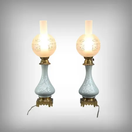 Paire de Lampes à Pétrole électrifiées en Céladon, époque Napoléon III – 2ème partie XIXe