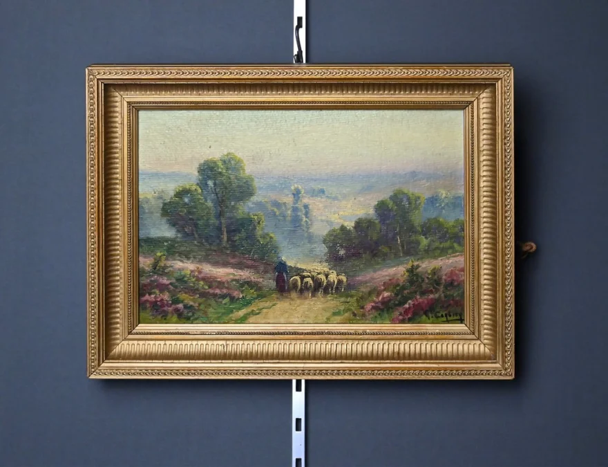 Tableau « Bergère et son Troupeau », Huile sur panneau signé G. Corbier – Début XXe