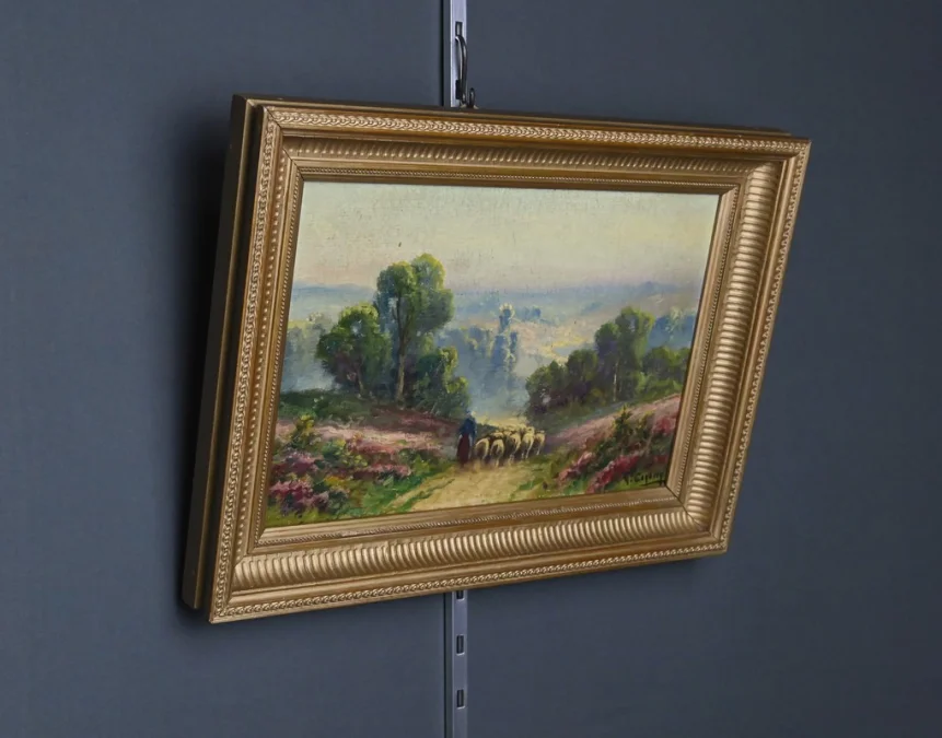 Tableau « Bergère et son Troupeau », Huile sur panneau signé G. Corbier – Début XXe
