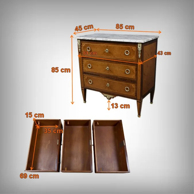 Petite Commode en Loupe d’Amboine & Palissandre, style Louis XVI – 1940