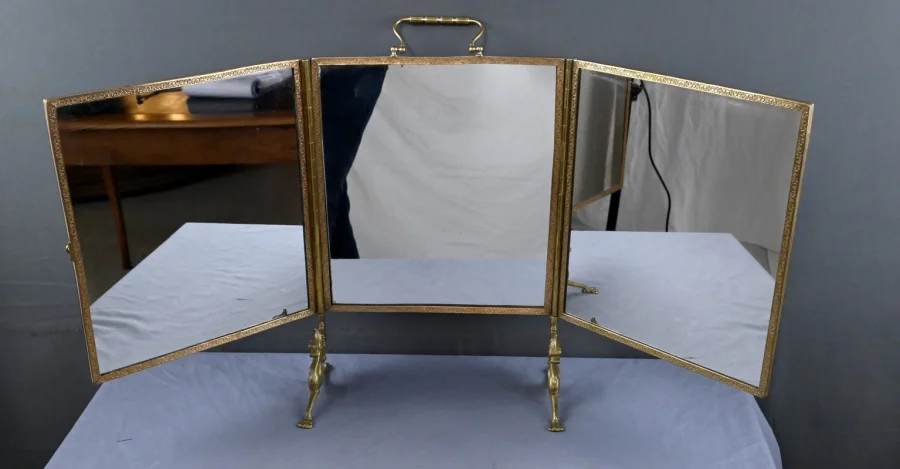 Rare Miroir Triptyque en Bronze – 1900