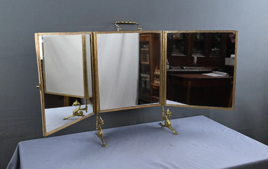 Rare Miroir Triptyque en Bronze – 1900