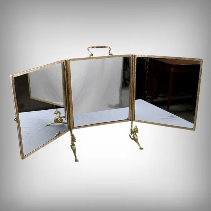 Rare Miroir Triptyque en Bronze – 1900