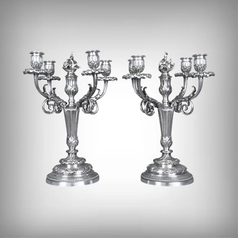 Pair of Silver-Plated Bronze Candelabra, Louis XVI Style – Late 19th Century