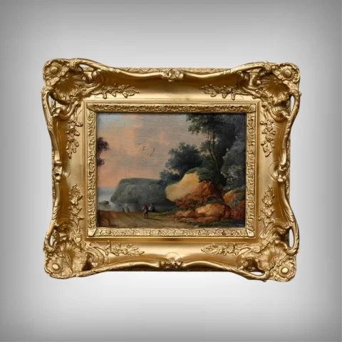 Cuadro «Chemin ouvrant sur la Mer», óleo sobre tabla, en el gusto de Jean Pillement – Finales del siglo XIX