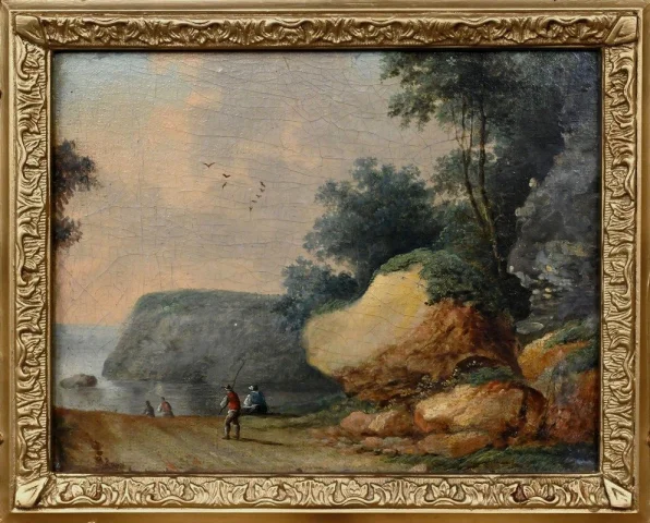 Cuadro «Chemin ouvrant sur la Mer», óleo sobre tabla, en el gusto de Jean Pillement – Finales del siglo XIX