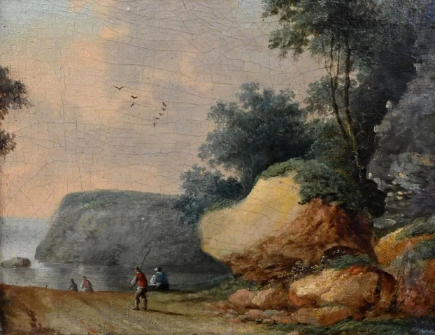 Cuadro «Chemin ouvrant sur la Mer», óleo sobre tabla, en el gusto de Jean Pillement – Finales del siglo XIX