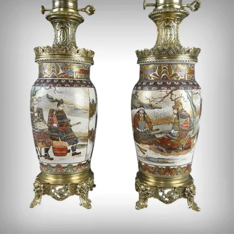 Pair of Satsuma Porcelain & Bronze Oil Lamps, Japan – Late 19th Century — Very good condition