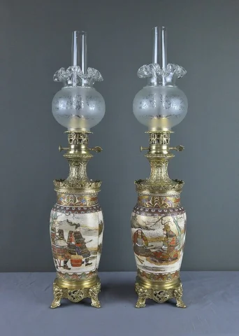 Pair of Satsuma Porcelain & Bronze Oil Lamps, Japan – Late 19th Century — Very good condition
