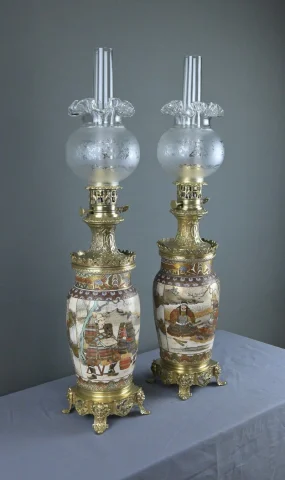 Pair of Satsuma Porcelain & Bronze Oil Lamps, Japan – Late 19th Century — Very good condition