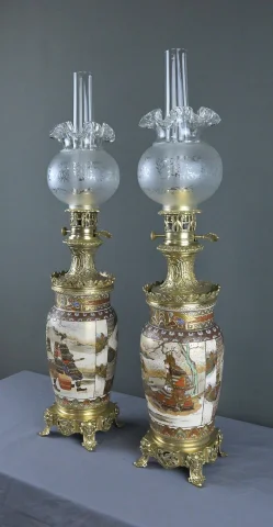 Pair of Satsuma Porcelain & Bronze Oil Lamps, Japan – Late 19th Century — Very good condition