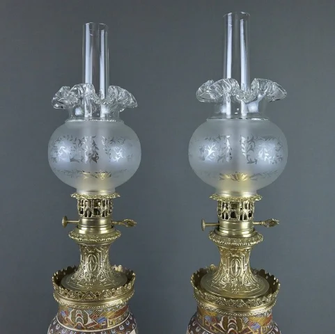 Pair of Satsuma Porcelain & Bronze Oil Lamps, Japan – Late 19th Century — Very good condition