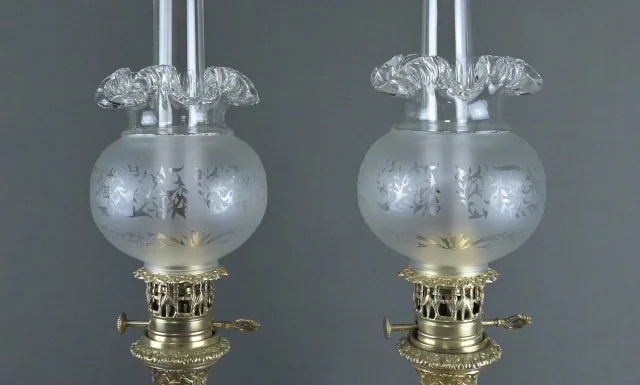 Pair of Satsuma Porcelain & Bronze Oil Lamps, Japan – Late 19th Century — Very good condition