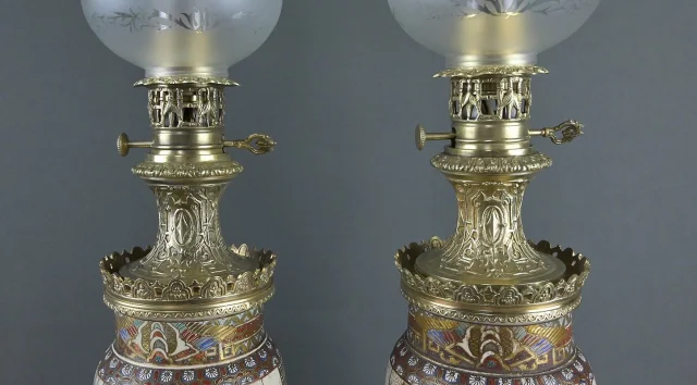 Pair of Satsuma Porcelain & Bronze Oil Lamps, Japan – Late 19th Century — Very good condition