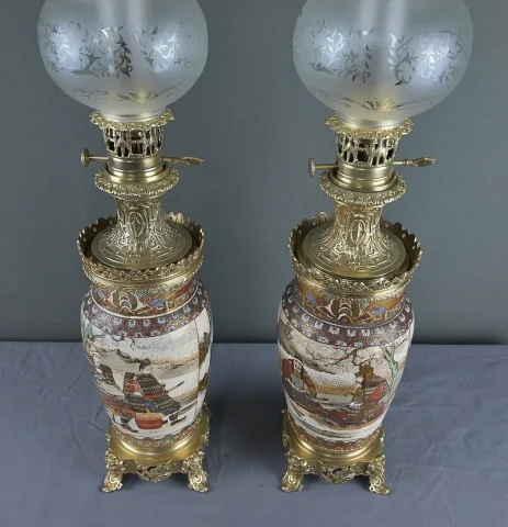 Pair of Satsuma Porcelain & Bronze Oil Lamps, Japan – Late 19th Century — Very good condition