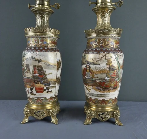 Pair of Satsuma Porcelain & Bronze Oil Lamps, Japan – Late 19th Century — Very good condition