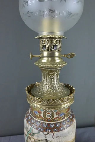 Pair of Satsuma Porcelain & Bronze Oil Lamps, Japan – Late 19th Century — Very good condition