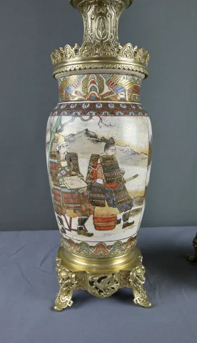 Pair of Satsuma Porcelain & Bronze Oil Lamps, Japan – Late 19th Century — Very good condition