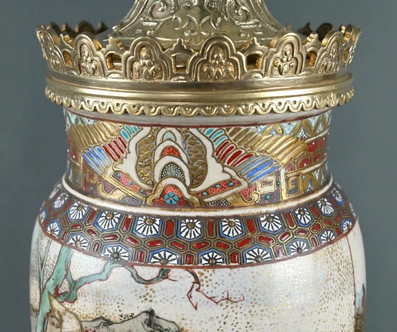 Pair of Satsuma Porcelain & Bronze Oil Lamps, Japan – Late 19th Century — Very good condition