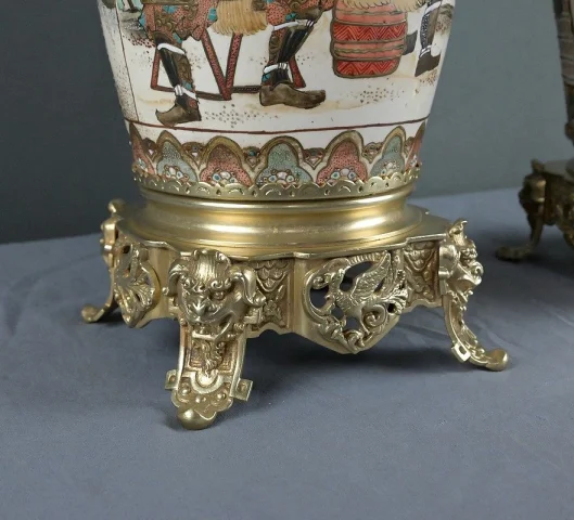 Pair of Satsuma Porcelain & Bronze Oil Lamps, Japan – Late 19th Century — Very good condition