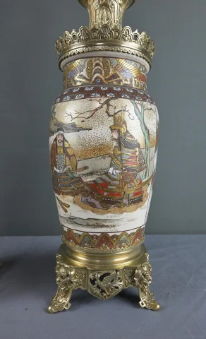 Pair of Satsuma Porcelain & Bronze Oil Lamps, Japan – Late 19th Century — Very good condition