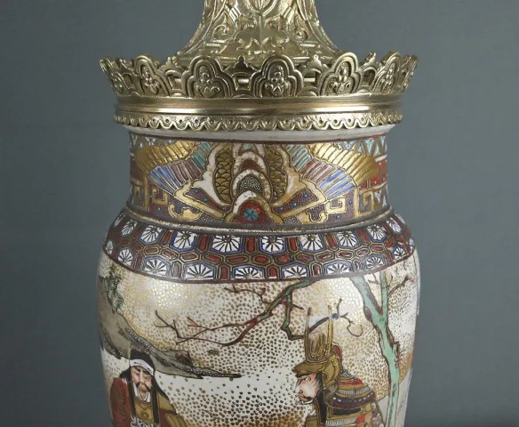 Pair of Satsuma Porcelain & Bronze Oil Lamps, Japan – Late 19th Century — Very good condition