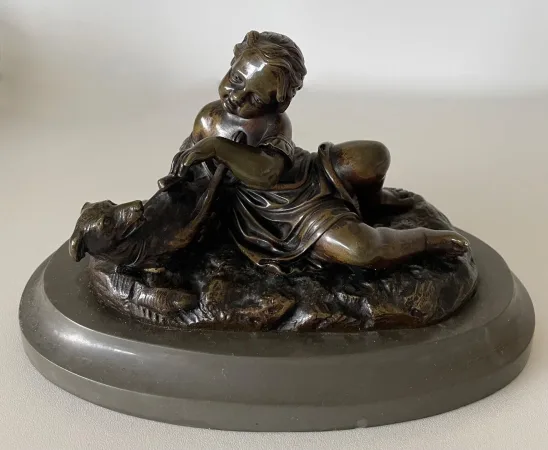L Enfant Et Son Chien , Sujet En Bronze