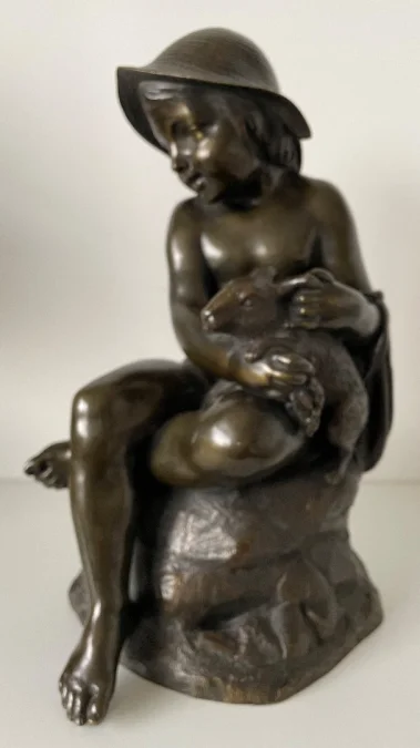 L Enfant Et Le Lapin , Sculpture En Bronze.