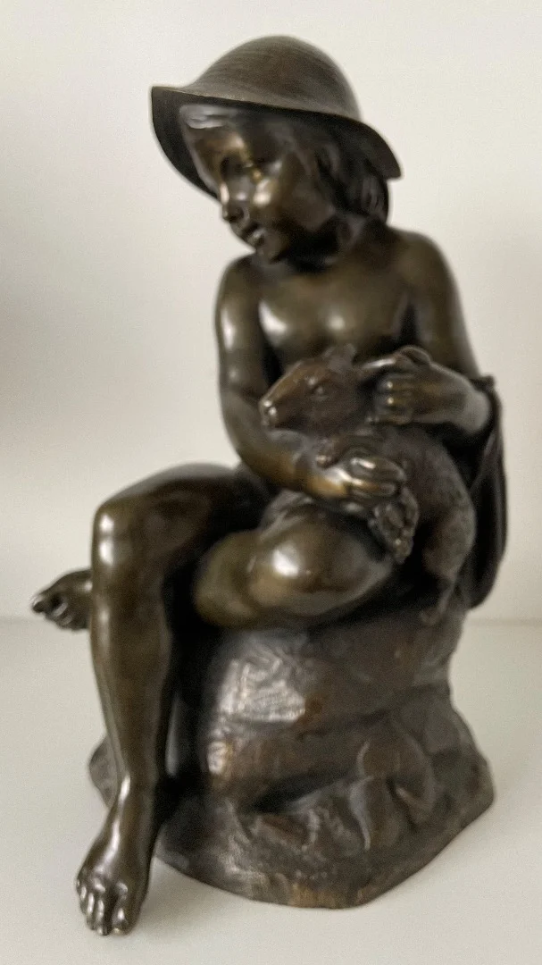 L Enfant Et Le Lapin , Sculpture En Bronze.